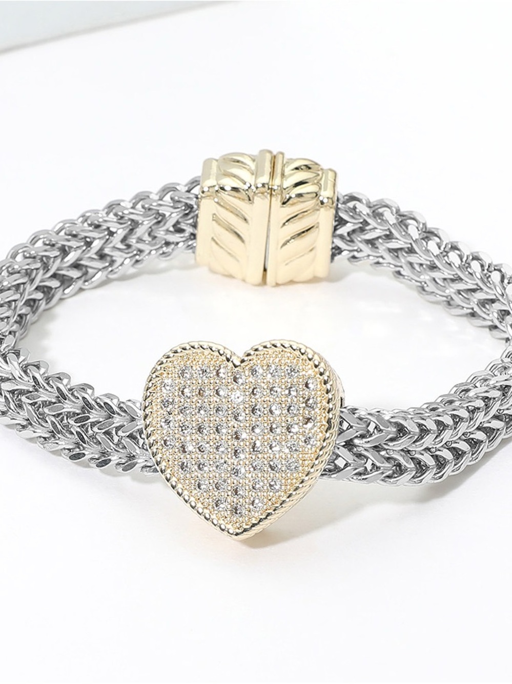 Two-Tone Heart Pavé Chain Bracelet - 14K Gold & Silvers